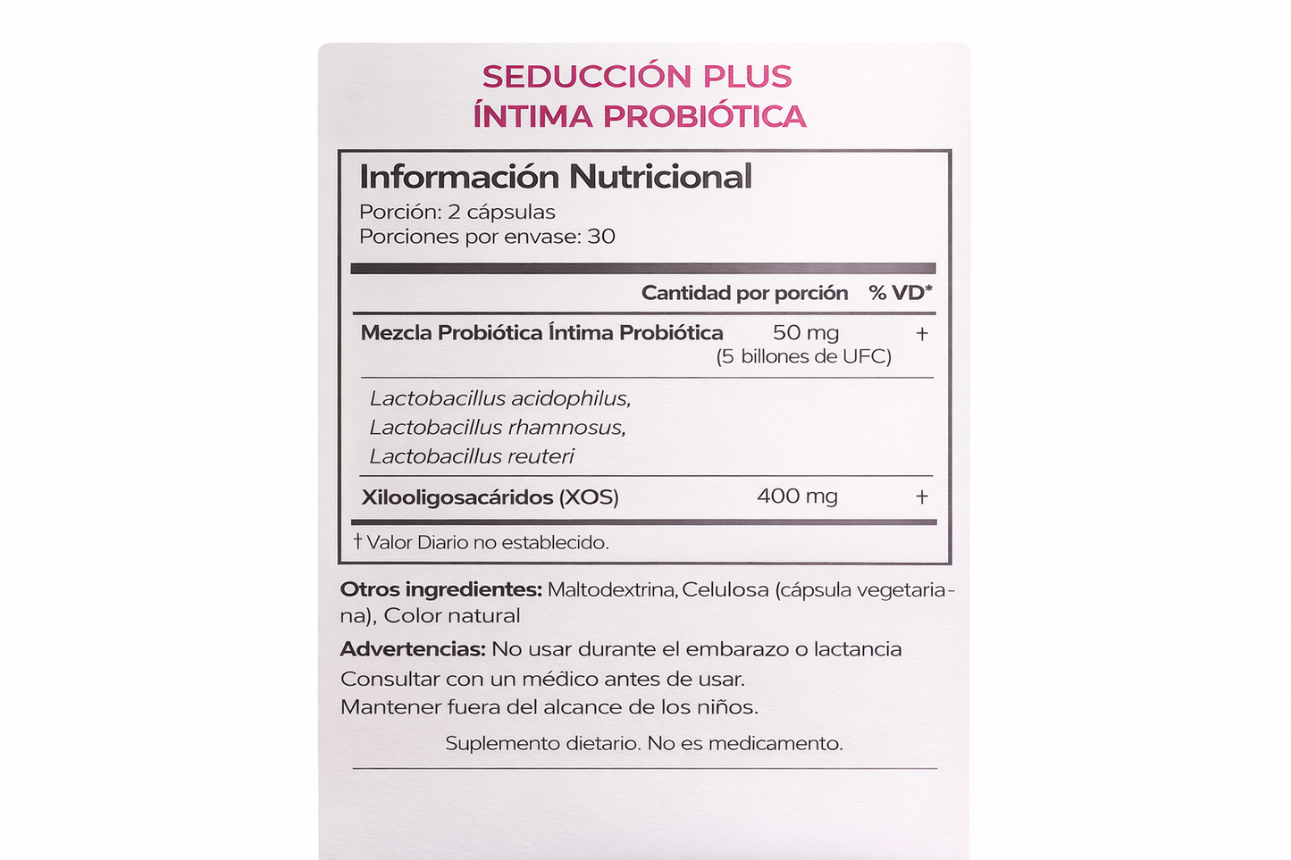 Panel nutricional ÍNTIMA Probiótico Vaginal SeduccionPlus