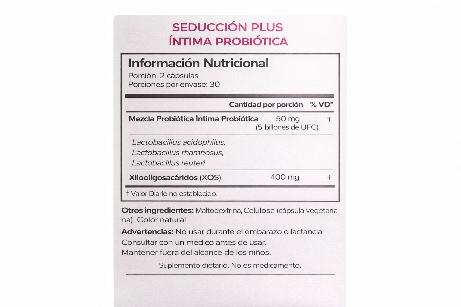 Panel nutricional ÍNTIMA Probiótico Vaginal SeduccionPlus